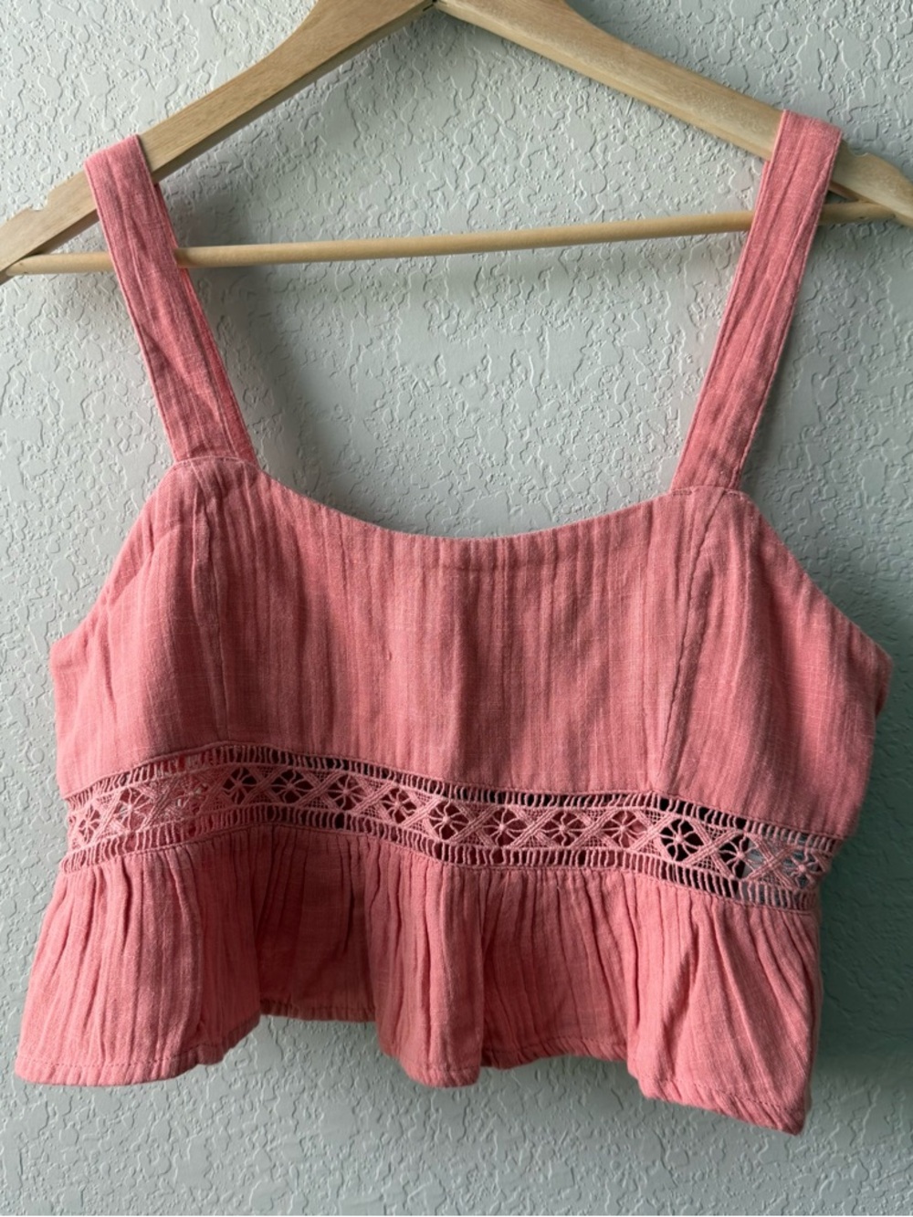 Roxy Pink Crochet-Trim Peplum Crop Top